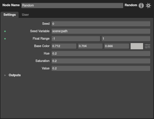 The plugs of the Random node, with the Context Entry referencing `scene:path` to vary the translation per location.