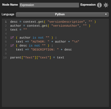 The expression code drives a plug in the main branch, but will be empty if the appropriate Context Variables haven't been assigned.