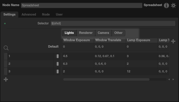 Column sections in the Spreadsheet node interface